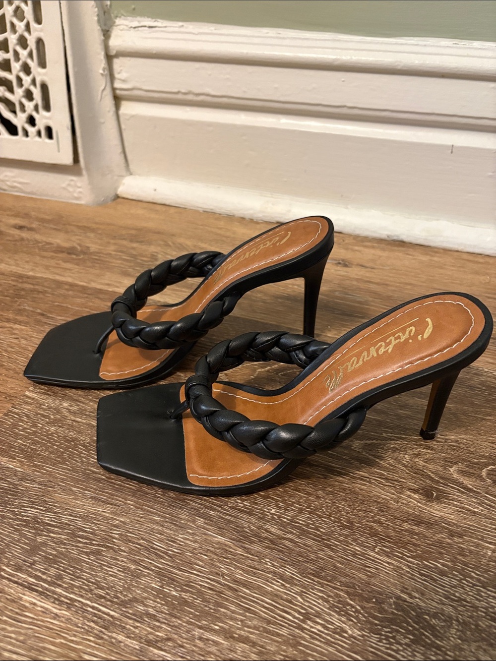 L'INTERVALLE Black Leather Braided Strap Stiletto Sandals